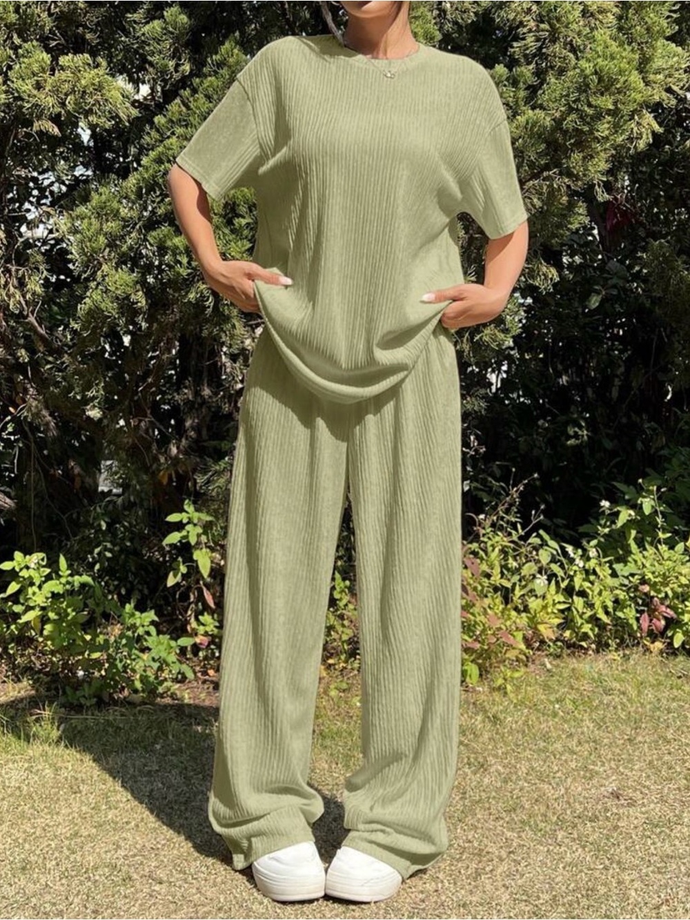 SHEIN Sage Green Ribbed Wide-Leg Top & Pants Set